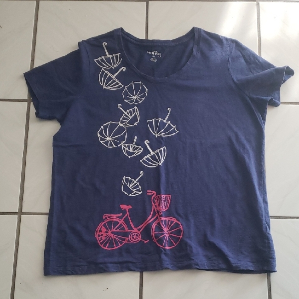 Cute "Coral Bay" Navy Tee with Pink Bicycle and White Umbrellas